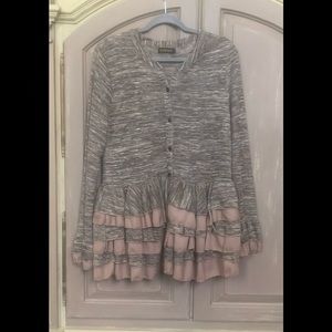 Brown variegated cardigan with ruffled trim